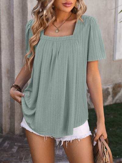 Ruched Square Neck Short Sleeve Blouse - Trendsi - Flyclothing LLC
