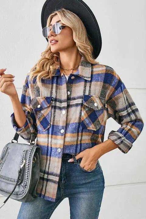 Collared Plaid Shacket - Trendsi - Flyclothing LLC
