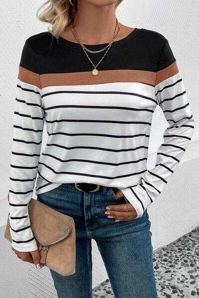Striped Round Neck Long Sleeve T-Shirt - Trendsi - Flyclothing LLC