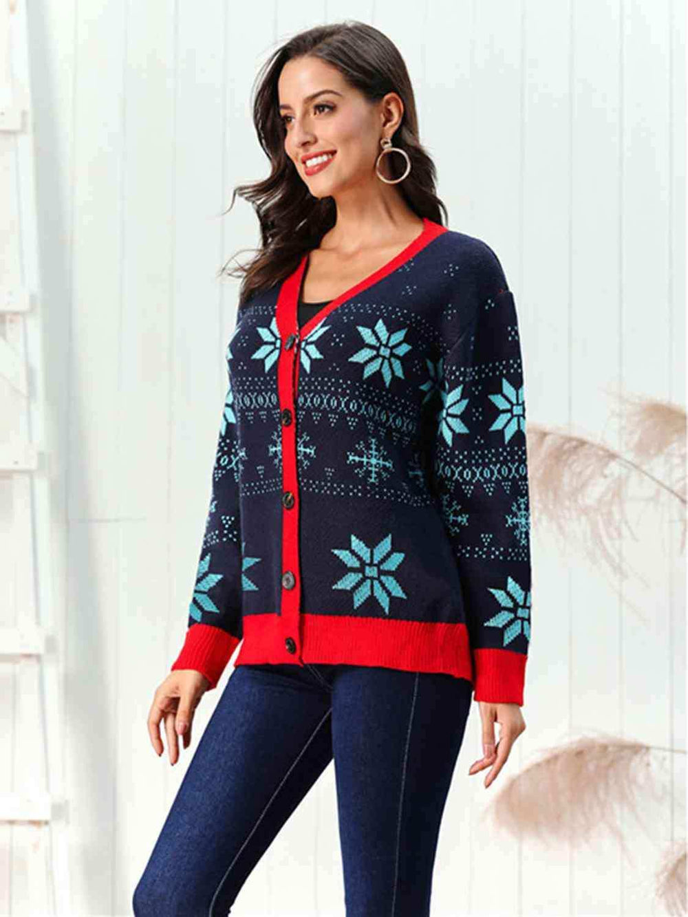 Snowflake Pattern Button Down Cardigan - Trendsi - Flyclothing LLC