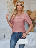 Eyelet Asymmetrical Neck Short Sleeve T-Shirt - Trendsi - Flyclothing LLC