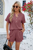 Notched Button Detail Dropped Shoulder Top and Shorts Set - Trendsi - Flyclothing LLC