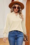Decorative Button Johnny Collar Lantern Sleeve Blouse - Trendsi - Flyclothing LLC