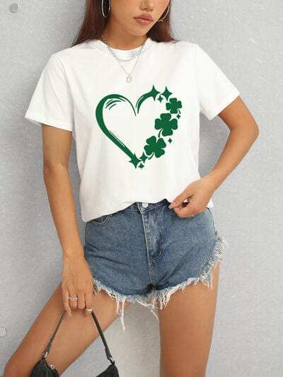 Heart Lucky Clover Round Neck Short Sleeve T-Shirt - Trendsi - Flyclothing LLC