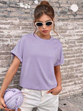 Round Neck Cuffed Sleeve T-Shirt - Trendsi - Flyclothing LLC