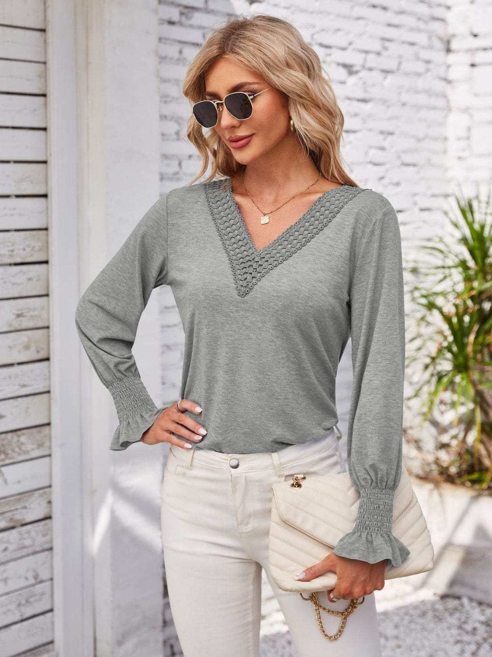 Smocked V-Neck Long Sleeve Blouse - Trendsi - Flyclothing LLC
