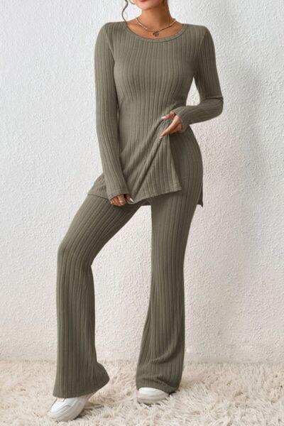 Ribbed Long Sleeve Slit Top and Bootcut Pants Set - Trendsi - Flyclothing LLC