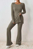 Ribbed Long Sleeve Slit Top and Bootcut Pants Set - Trendsi - Flyclothing LLC