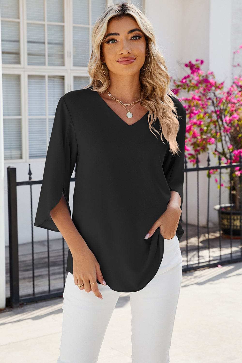 V-Neck Three-Quarter Sleeve Top - Trendsi - Flyclothing LLC