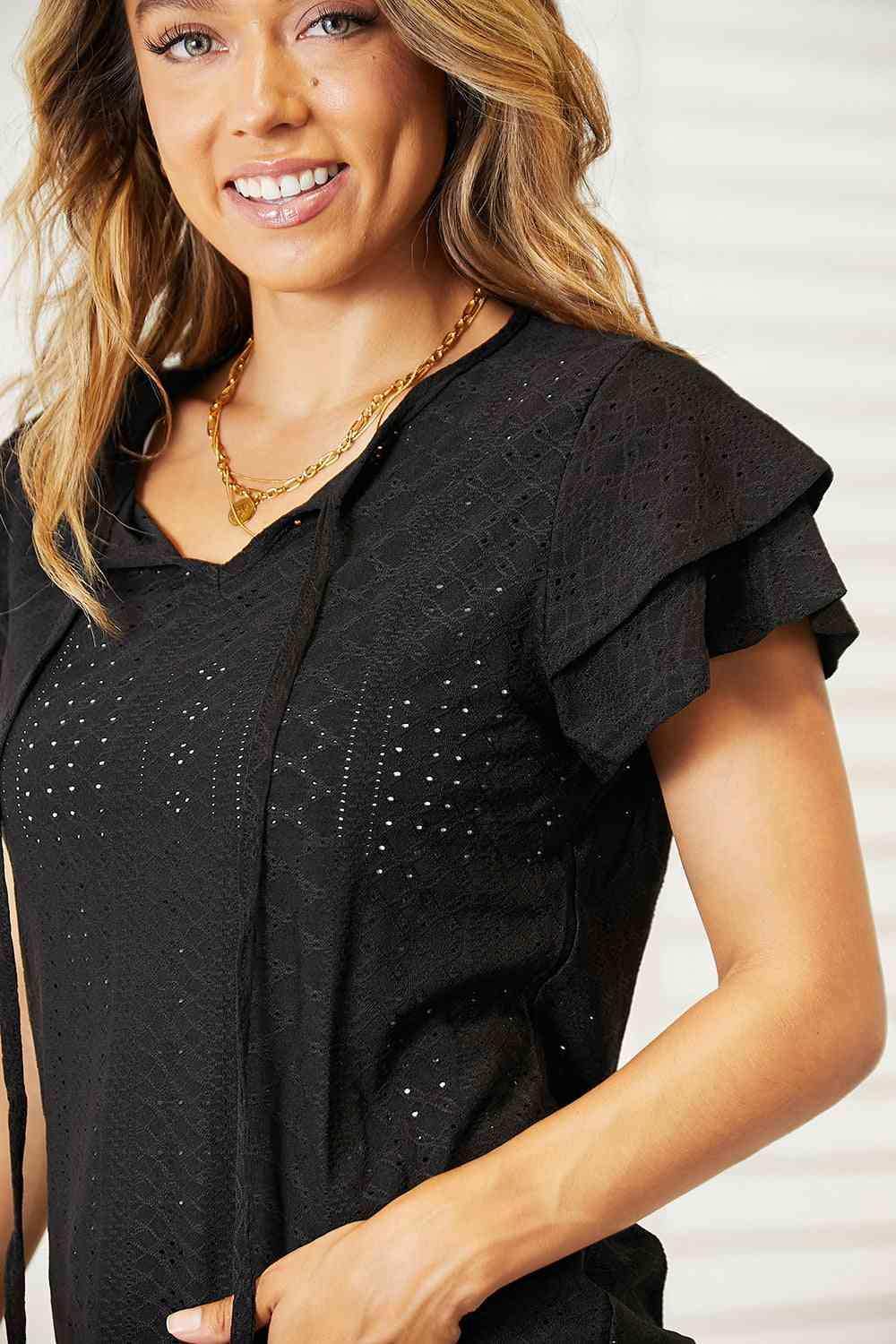 Double Take Eyelet Tie-Neck Flutter Sleeve Blouse - Trendsi - Flyclothing LLC