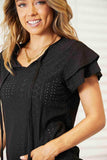 Double Take Eyelet Tie-Neck Flutter Sleeve Blouse - Trendsi - Flyclothing LLC