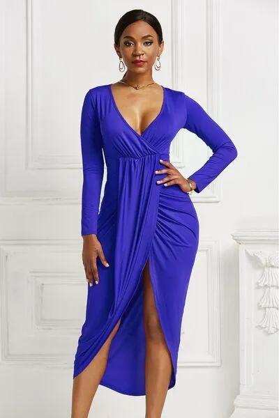High-low Ruched Surplice Long Sleeve Dress - Trendsi - Flyclothing LLC