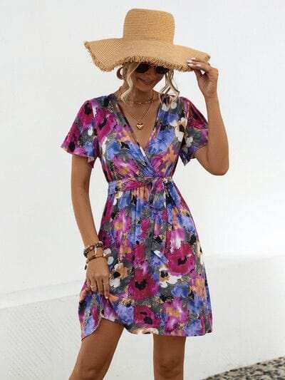 Printed Surplice Tie Waist Mini Dress - Trendsi - Flyclothing LLC