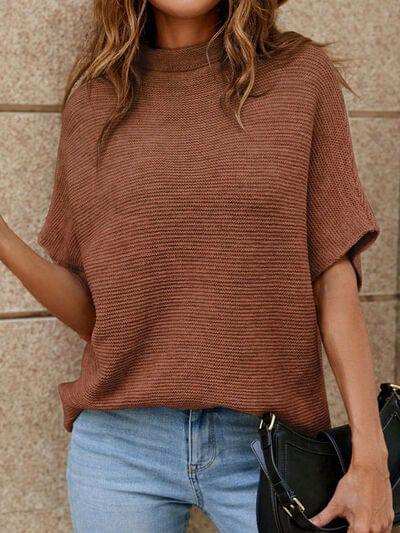 Mock Neck Short Sleeve Sweater - Trendsi - Flyclothing LLC