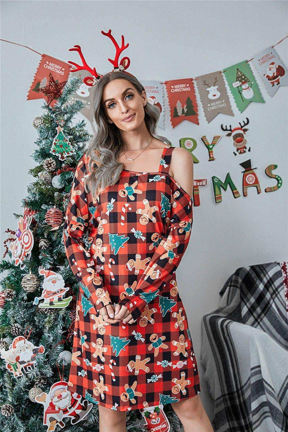 Christmas Asymmetrical Neck Long Sleeve Dress - Trendsi - Flyclothing LLC
