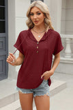 Eyelet Drawstring Hooded Short Sleeve Blouse - Trendsi - Flyclothing LLC