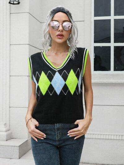 Geometric V-Neck Sweater Vest - Trendsi - Flyclothing LLC