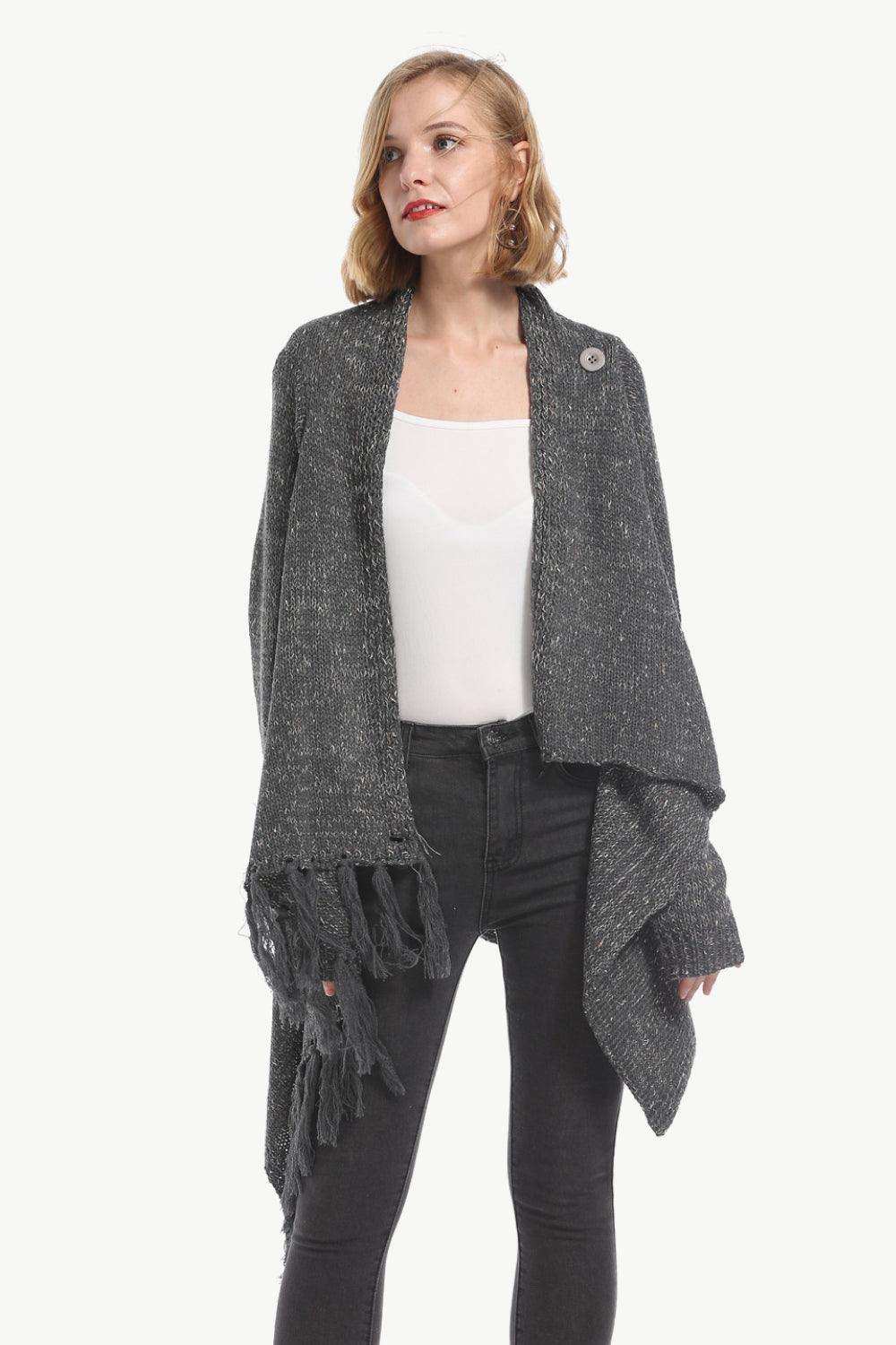 One-Button Tassel Tie Asymmetrical Hem Cardigan - Trendsi - Flyclothing LLC