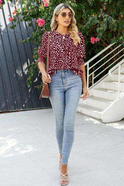 Polka Dot Round Neck Lantern Sleeve Blouse - Trendsi - Flyclothing LLC