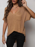 V-Neck Slit High-Low Knit Top - Trendsi - Flyclothing LLC