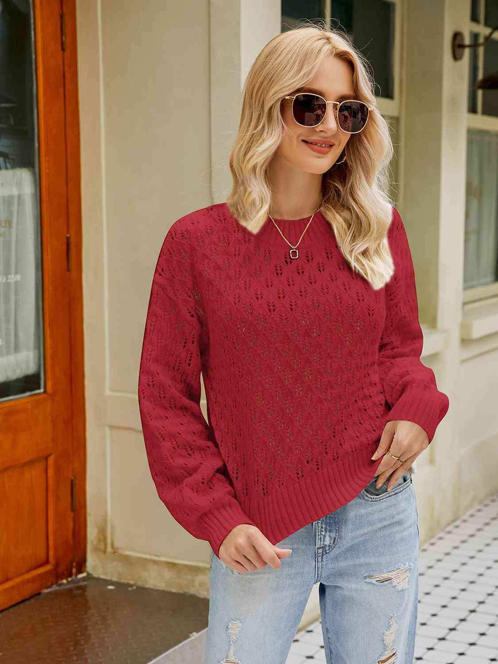 Openwork Round Neck Sweater - Trendsi - Flyclothing LLC