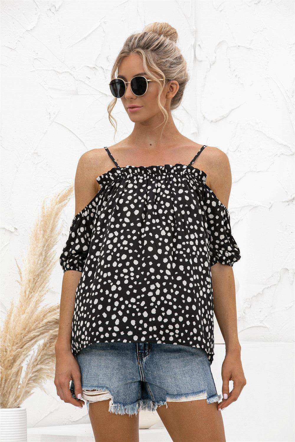 Printed Cold-Shoulder Frill Trim Blouse - Trendsi - Flyclothing LLC