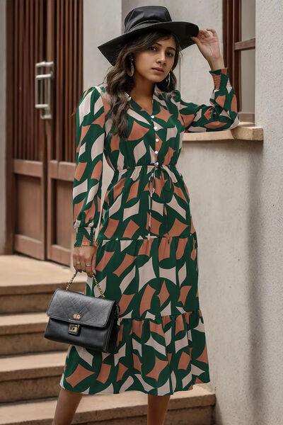Printed Tied Pocketed Lantern Sleeve Dress - Trendsi - Flyclothing LLC