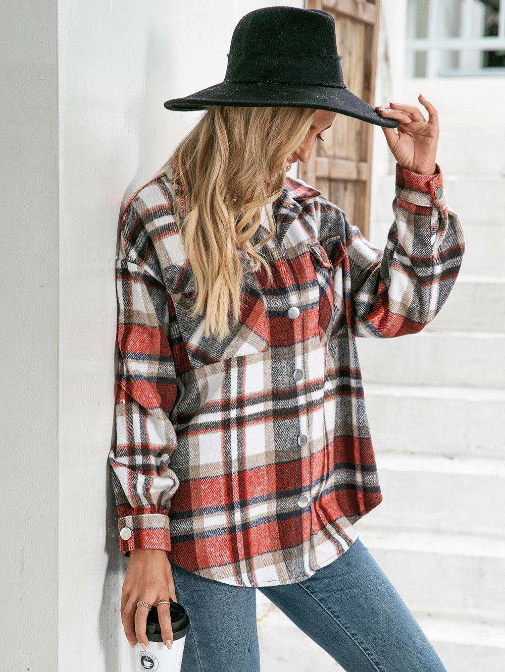 Meet You Outside Plaid Button Down Curved Hem Shacket - Trendsi - Flyclothing LLC
