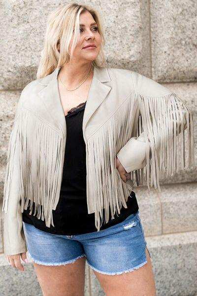 Plus Size Fringe Open Front Jacket - Trendsi - Flyclothing LLC