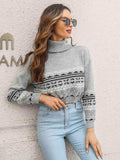 Turtleneck Geometric Long Sleeve Sweater - Trendsi - Flyclothing LLC