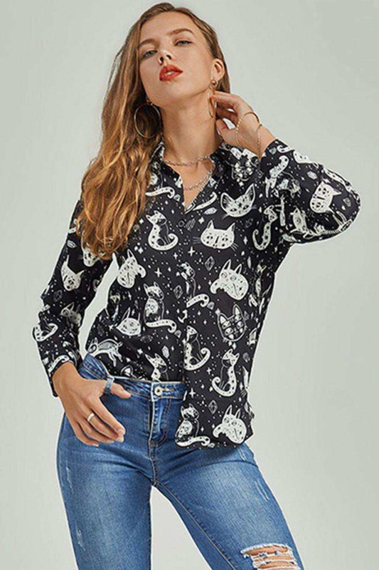 Cat Print Button-Up Shirt - Trendsi - Flyclothing LLC