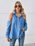 Cold Shoulder Pocketed Button Up Denim Jacket - Trendsi - Flyclothing LLC