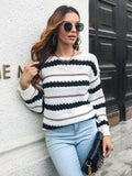 Striped Round Neck Long Sleeve Sweater - Trendsi - Flyclothing LLC