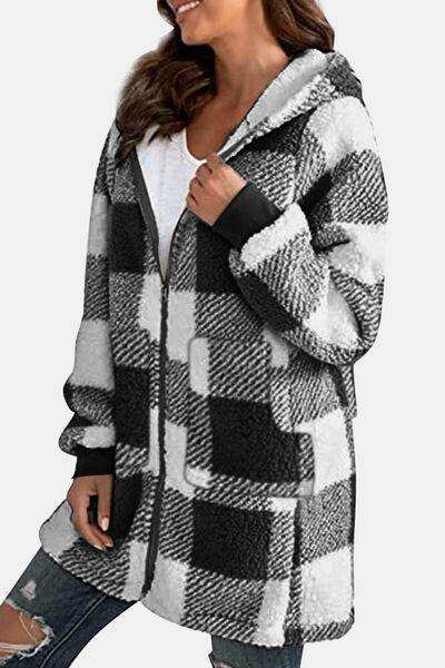 Double Take Full Size Plaid Long Sleeve Hooded Coat - Trendsi - Flyclothing LLC