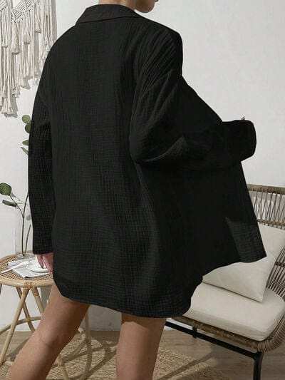 Dropped Shoulder Button Up Top and Elastic Waist Shorts Set - Trendsi - Flyclothing LLC