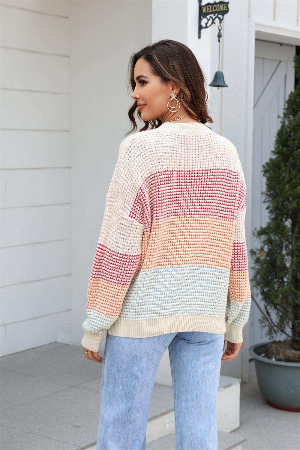 Waffle-Knit Round Neck Dropped Shoulder Color Block Sweater - Trendsi - Flyclothing LLC