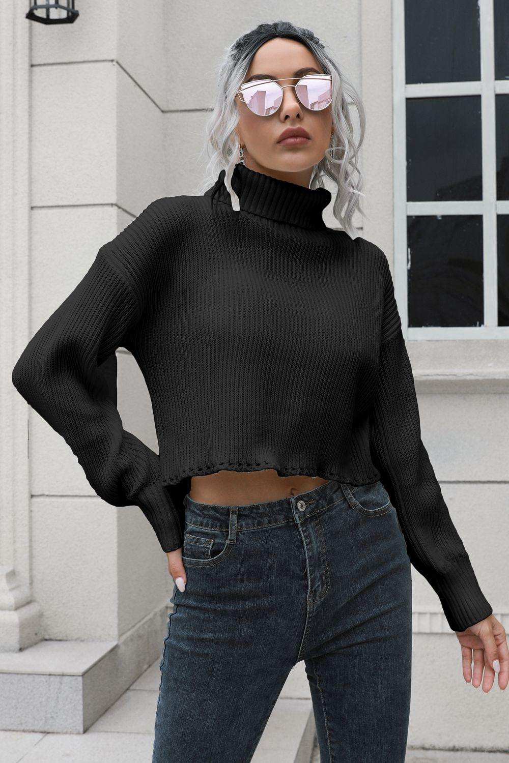 Turtleneck Dropped Shoulder Sweater - Trendsi - Flyclothing LLC