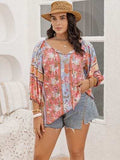 Plus Size Printed Tie Neck Balloon Sleeve Blouse - Trendsi - Flyclothing LLC