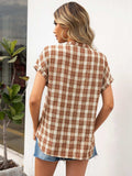 Plaid Notched Short Sleeve Blouse - Trendsi - Flyclothing LLC