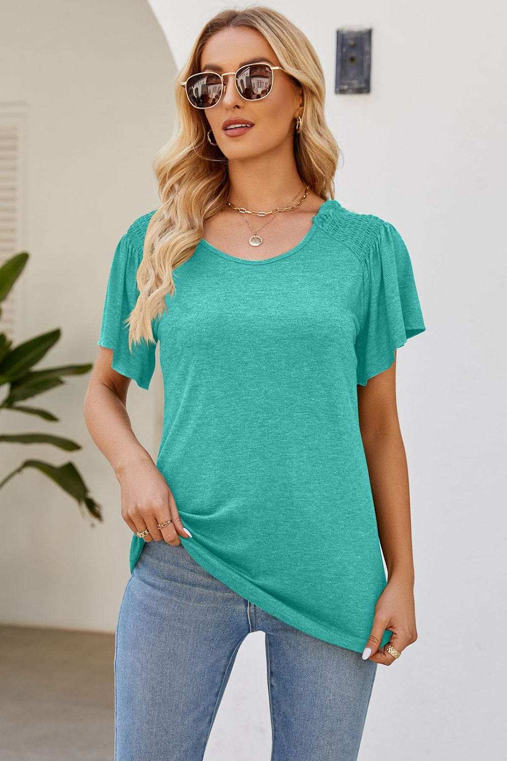 Smocked Round Neck Flutter Sleeve T-Shirt - Trendsi - Flyclothing LLC