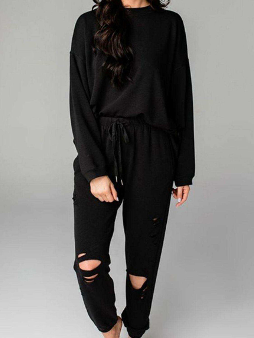 Distressed Sweatshirt and Joggers Set - Trendsi - Flyclothing LLC