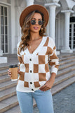 Button-Up Plaid V-Neck Dropped Shoulder Cardigan - Trendsi - Flyclothing LLC
