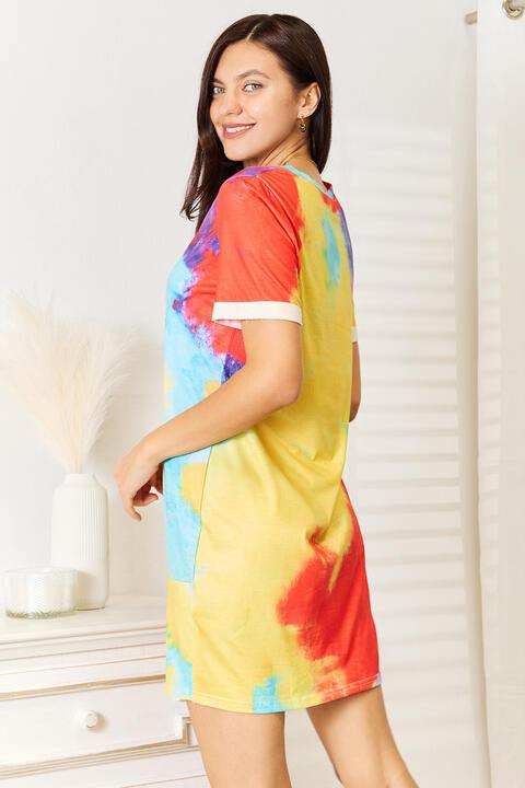 Double Take Tie-Dye V-Neck Twisted Dress - Trendsi - Flyclothing LLC