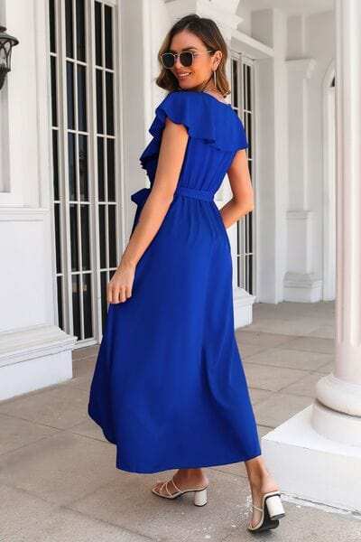 Ruffled Surplice Tie Waist Slit Midi Dress - Trendsi - Flyclothing LLC