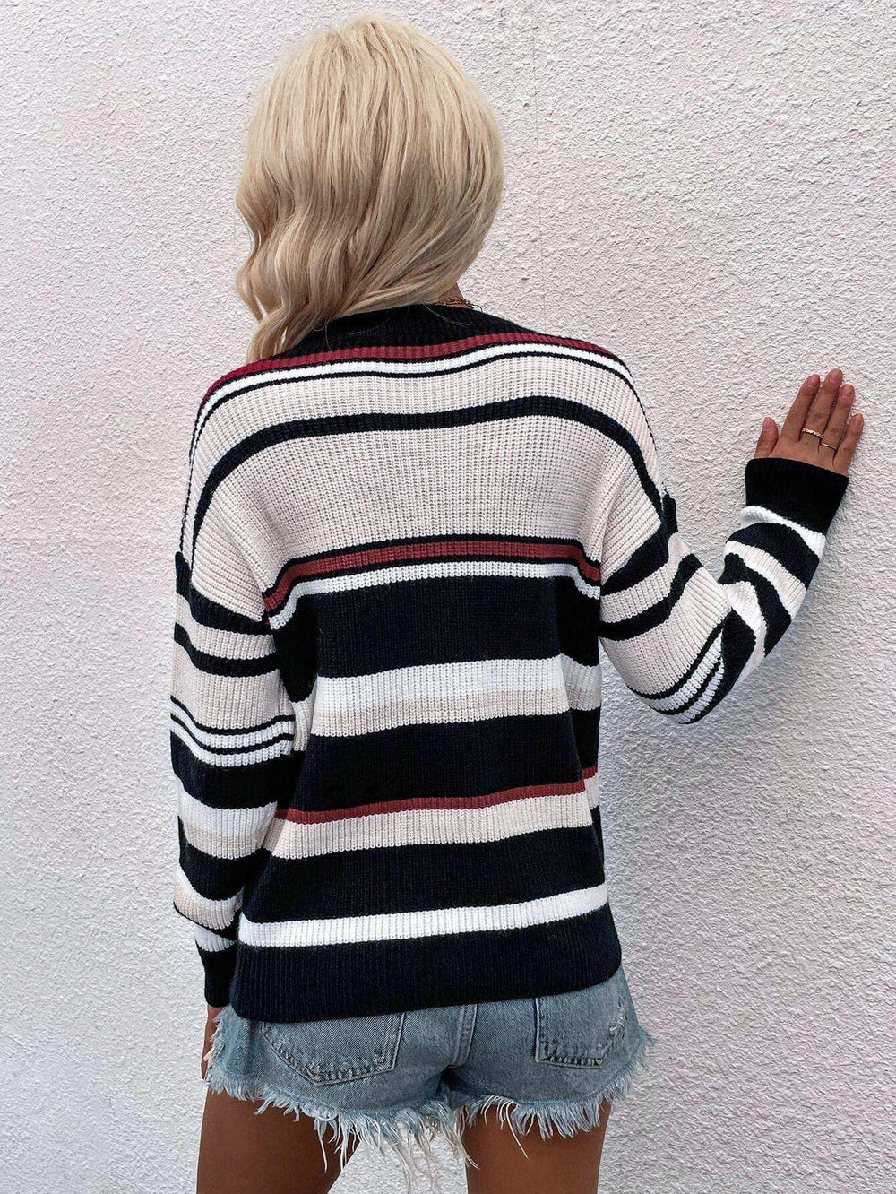 Striped Drop Shoulder Round Neck Pullover Sweater - Trendsi - Flyclothing LLC