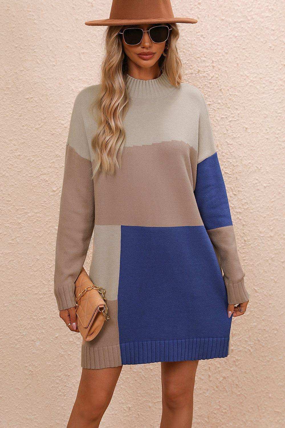 Color Block Mock Neck Dropped Shoulder Sweater Dress - Trendsi - Flyclothing LLC
