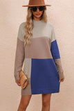 Color Block Mock Neck Dropped Shoulder Sweater Dress - Trendsi - Flyclothing LLC