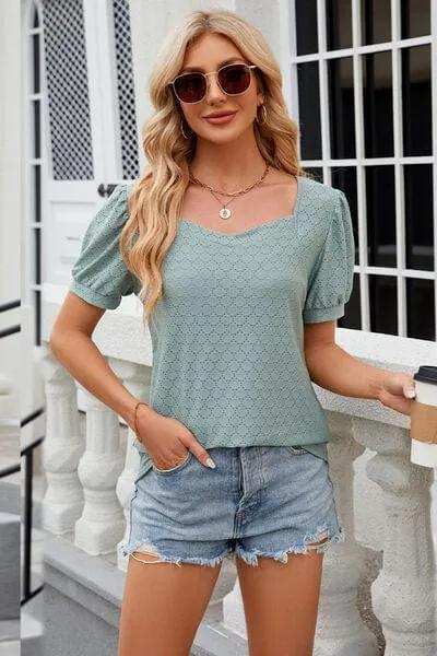 Eyelet Short Sleeve T-Shirt - Trendsi - Flyclothing LLC