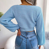 Tie-Front Rib-Knit Cropped Sweater - Trendsi - Flyclothing LLC