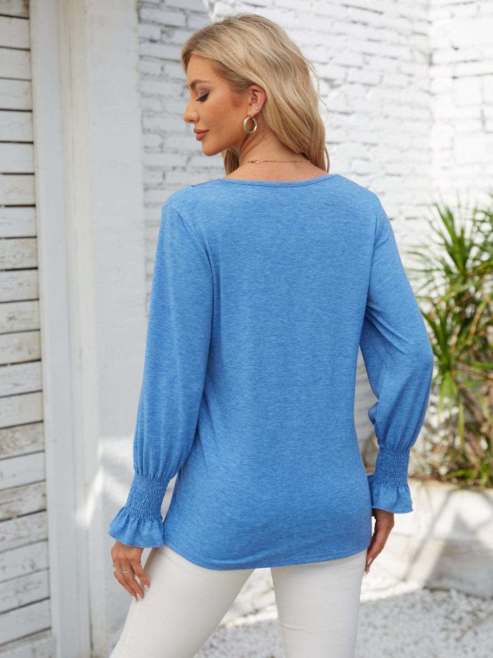 Smocked V-Neck Long Sleeve Blouse - Trendsi - Flyclothing LLC